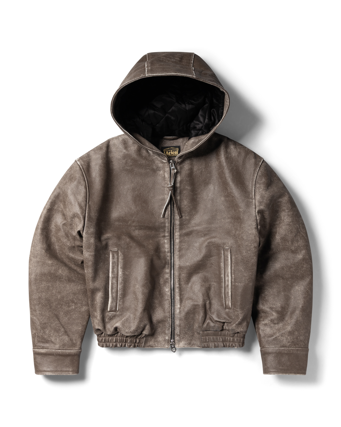 Distressed Leather Hooded Bomber Jacket