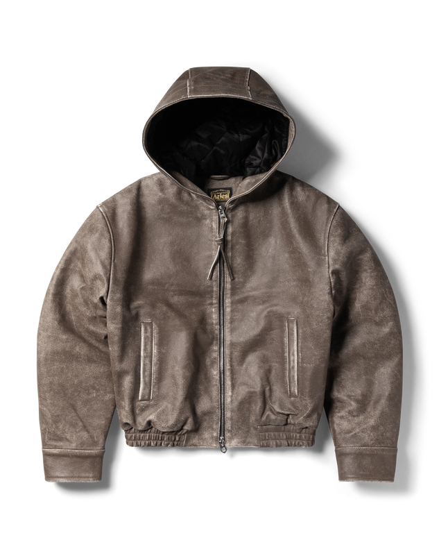 Distressed Leather Hooded Bomber Jacket