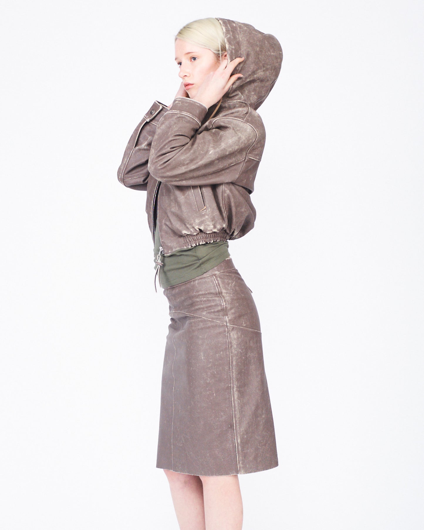 Distressed Leather Hooded Bomber Jacket
